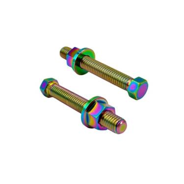 Imagem de RISON Parafusos de titânio grau 5 parafusos ajustadores de eixo de titânio arco-íris M10 x 1,25 x 50 mm parafuso de ajuste de eixo de cabeça hexagonal de titânio e porca para motocicletas pacote com 2