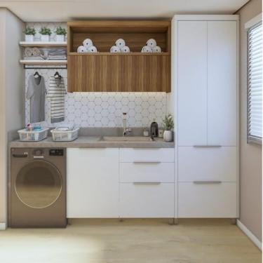 Imagem de Lavanderia Modulada com Armário Aéreo,1 Balcão e 1 Armário Multiuso 100% MDF Marquesa Branco/Nature