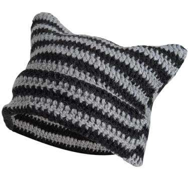 Imagem de Gorro de orelha de gato chapéu Y2K, feminino menina emo crochê listrado grunge gótico acessório de malha estética Alt bonito boné de caveira retrô, Preto e cinza, Tamanho Único