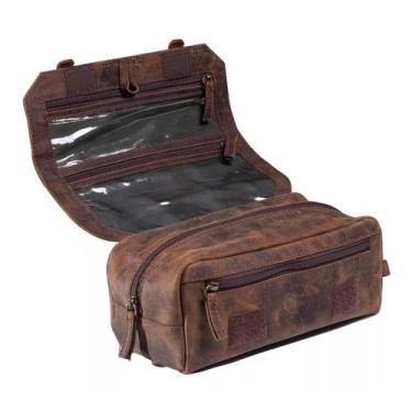 Imagem de Necessaire Unissex Cinnamon Couro Bovino Marrom Rústico Forro Impermeá