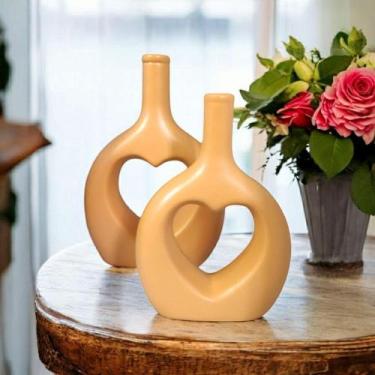 Imagem de Dupla de Vaso Garrafa Coracao Alaranjado Decorativo Ceramica - Decore 