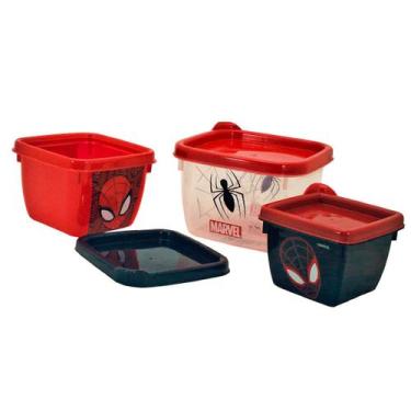 Imagem de Pote Homem Aranha Infantil Kit com 3 Marmitas para lanche Escolar Plas