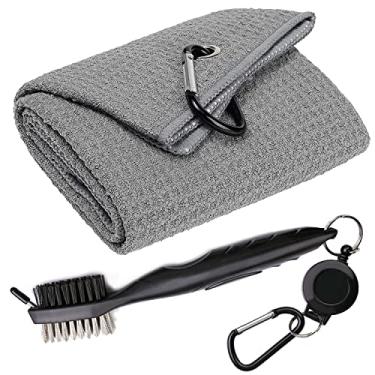 Imagem de Aebor Toalhas de golfe, toalha de golfe com três dobras padrão waffle de microfibra – Kit de ferramentas de escova com limpador de ranhuras para taco, com clipe para presentes de golfe masculinos e femininos (toalha cinza + escova preta)