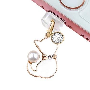 Imagem de ELISE & FONDA CP178 Porta de carregamento USB plugue antipoeira pingente gato gatinho animal de estimação pingente para iPhone 11/XS MAX/XR/X/8 Plus/7/6S/7/SE iPad iPod (branco), 3 cm (A) x 2,2 cm (L)