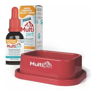 Imagem de Medicamento Multipet Pulgas e Carrapatos 30ml + Bebedouro 200ml (Bebedouro Vermelho, 30ml)