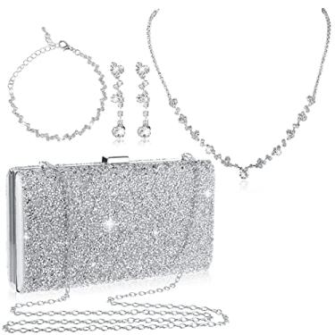 Imagem de Mixweer Conjunto de 4 peças de bolsa de mão para mulheres, conjunto de joias de strass para noite e colar brilhante, conjunto de pulseiras para casamento, Prata, Strass