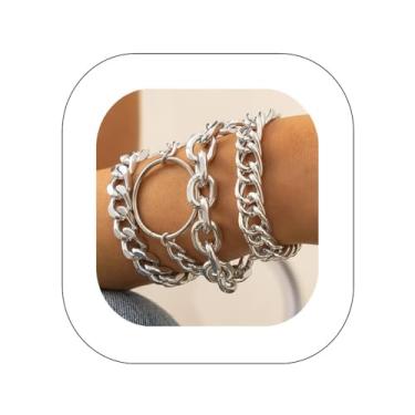 Imagem de Asphire Conjunto de pulseiras punk cubanas de elos cubanos com 4 peças de pulseiras de corrente estilo boho empilháveis com corte de diamante grosso para mulheres e meninas (prata)