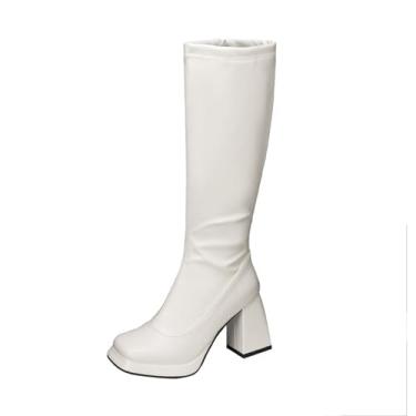 Imagem de Rock88 Botas femininas de cano alto, salto bloco com zíper lateral e bico quadrado, botas altas para casamento e festa, branca, 36