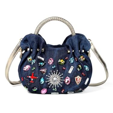 Imagem de iPinee Bolsas femininas de luxo com strass cintilante, bolsas jeans de cristal cintilante, bolsa transversal, Strass colorido jeans, Small