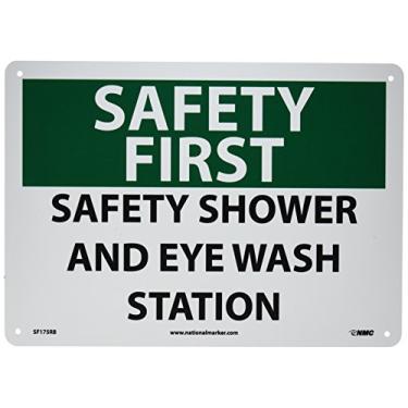 Imagem de NMC Placa SF175RB OSHA, legenda "SAFETY FIRST - SAFETY SHOWER AND EYE WASH STATION", 35,5 cm de comprimento x 25,4 cm de altura, plástico rígido, preto/verde em branco
