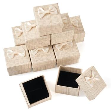 Imagem de Spritewelry Caixa de anel de 12 peças, 5 x 5 x 4 cm, caixas de presente quadradas, pequenas, caixas de brinco, caixa de papelão, caixas de anel com laço para casamento, dia dos namorados, bege