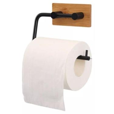 Imagem de Suporte Adesivo de Parede Porta Papel Higiênico de Bambu e Ferro Preto
