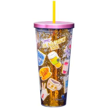 Imagem de Spoontiques - Copo de acrílico preenchido com glitter - Copo de glitter com canudo - 946 ml - Tampa de bloqueio de aço inoxidável com canudo - Isolamento de parede dupla - Sem BPA - Gilmore Girls
