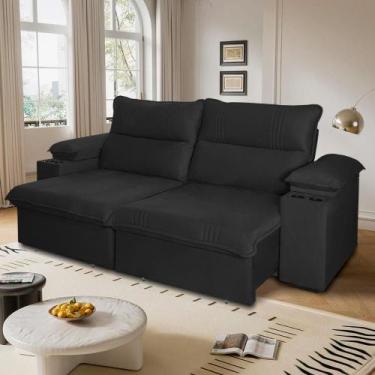 Imagem de Sofá Retrátil Tesla 2,60m USB e Porta Copo Suede Preto - King House