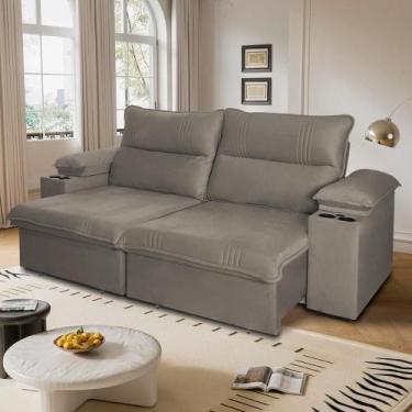 Imagem de Sofá Retrátil Tesla 2,20m USB e Porta Copo Suede Tabaco - King House