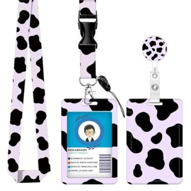 Imagem de AKTDQ Lindo porta-crachá de identificação ajustável com cordão, carretel retrátil para mulheres, professoras, enfermeiros, médicos e estudantes, trabalho perfeito e escritório (estampa de vaca roxa)