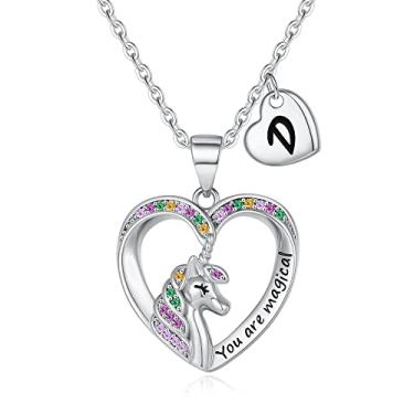 Imagem de Colares de unicórnio para meninas, colar de unicórnio banhado a ouro 14 K, ouro branco/ouro rosa, pingente de coração de zircônia cúbica colorida, joias infantis, colares com letra inicial para