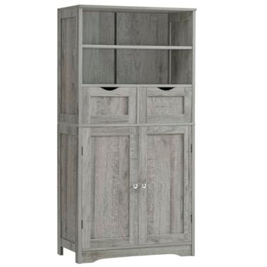 Imagem de TEENFON Armário de armazenamento alto com prateleiras e portas ajustáveis, armário de banheiro com 2 gavetas, armário para sala de estar, sala de jantar, entrada, cinza