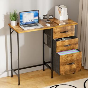 Imagem de Huxitocan Mesa de computador pequena com gaveta de arquivo de tecido, mesa de escrita simples de 91 cm com armário de arquivo para escritório em casa, mesa de trabalho de estudo moderna para quarto