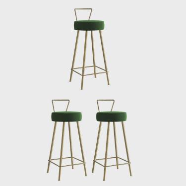 Imagem de Kit 03 Banqueta Alta Com Encosto Tais Eiffel Cozinha Bar Bistrô Ferro Dourado Suede Verde Musgo - Ahz Móveis