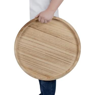 Imagem de Bandeja redonda para mesa de café, sala de estar, bandeja de madeira, grande, de madeira, 50 cm, rústica tochada