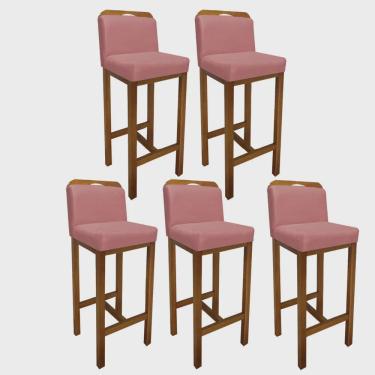 Imagem de Kit 05 Banqueta Alta Com Encosto Zion Cozinha Balcão Bistrô Base Madeira Castanho Suede Rosê Gold - Ahz Móveis