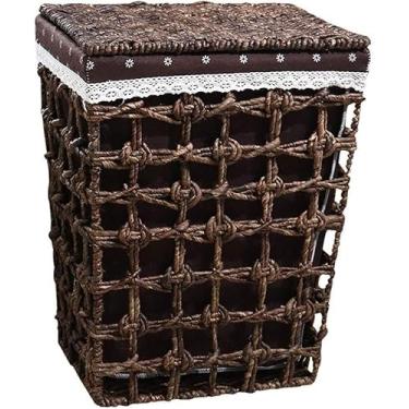 Imagem de Cestos de lavanderia, cesto de roupa suja com tampa, cesta de armazenamento de vime, recipiente multiuso para decoração de casa de mesa (grande)