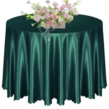 Imagem de KKJIAF 1 pacote com toalha de mesa redonda de 272 cm, capa de mesa redonda de cetim com sobreposição verde caçador, toalhas de mesa de jantar de cetim sedoso para decoração de banquetes de casamento