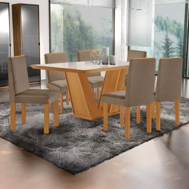 Imagem de Mesa de Jantar 6 Lugares França com Vidro Castanho/Cinamomo/Suede Capuccino - Lj Móveis
