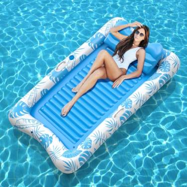 Imagem de Rrtizan Boia inflável para espreguiçadeira de piscina para adultos, piscina inflável de bronzeamento de 208 cm x 119 cm com travesseiro, suporte de copo e alças, boia de banheira de bronzeamento 4 em