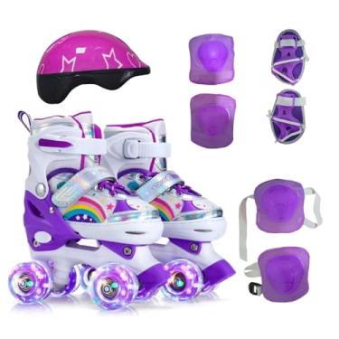 Imagem de Patins Infantil 4 Rodas Com Luzes LED – Ajustável Com Estampa De Arco-Íris Bota Roxa Com Trava De Segurança e Conforto Ideal Para Crianças Em Início De Aprendizado 35 a 38