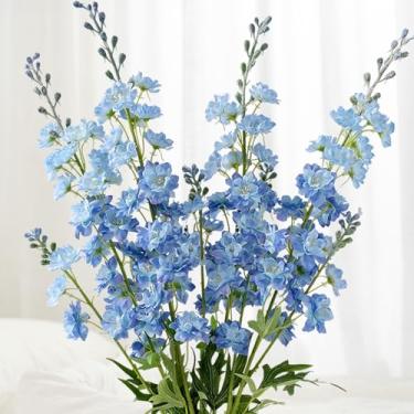 Imagem de JINWOE 4 peças de flores artificiais Delphinium azuis, 86 cm, flores de seda sintética realistas, haste longa, planta delphinium falsa para vaso de chão alto, buquê ao ar livre, mesa de casa