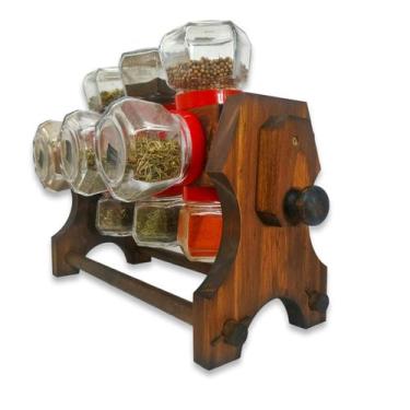 Imagem de Kit Porta Temperos de Madeira Manivela Gira 12 Potes - Artesanatos FD2