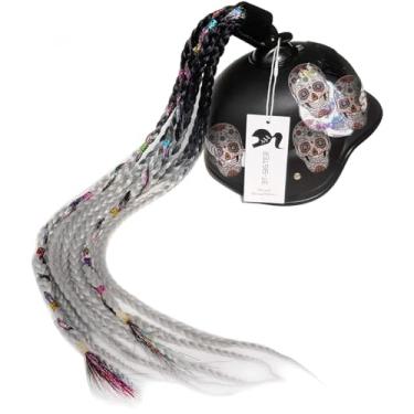Imagem de Capacete 3T-SISTER Pigtails Gradient Ramp Capacete Tranças Rabo de Cavalo Capacete Cabelo com Ventosa para Motor Bike 1 peça 61 cm, black to silver gray