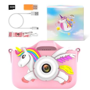 Imagem de Câmera infantil para meninas, meninos, crianças de 3 a 8 anos, selfie digital com cartão de 64 GB para filho, filha, neto, neta, presente de aniversário de Natal