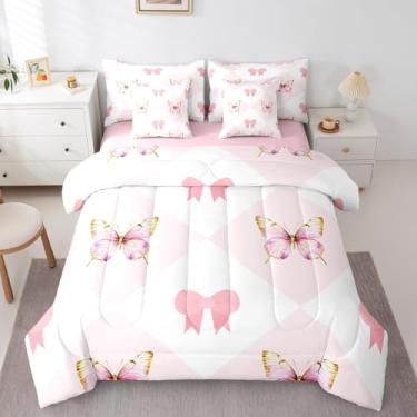 Imagem de Feelyou Conjunto de edredom Queen com laço rosa, 7 peças, estampa xadrez de borboleta, estampa de búfalo, cama temática de princesa fada em uma bolsa com edredom, lençóis, fronhas e capa de almofada