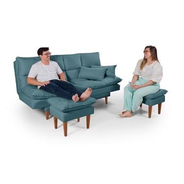 Imagem de Sofá Cama Andorra com 2 Banquetas 3 em 1 Reclinável Multifuncional Suede (AZUL TURQUESA)