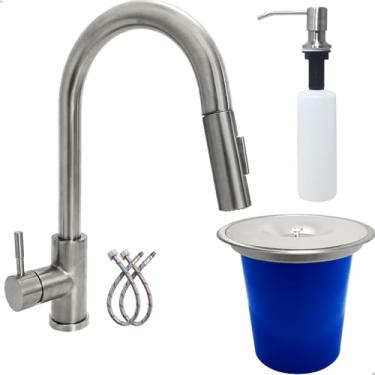 Imagem de Dona D Cor, Kit Cozinha Torneira Pia Cozinha Escovada Lixeira 5 Litros E Dispenser Dosador Detergente 350ml De Embutir Completo Aço Inox 304 Fosco Gourmet