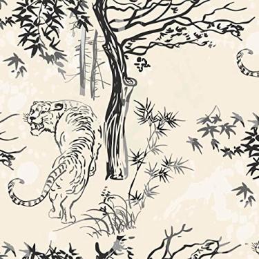 Imagem de Papel De Parede 5m Adesivo Tigre Árvore Riscos Preto Desenho Bege Nude