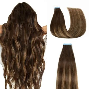 Imagem de AGMITY Extensões De Cabelo Humano Com Fita 18" 20 Unidades 50G/Pacote Marrom Chocolate Misto Loiro Mel Trama Pele Invisível Grossas (18" #T4-P27-4)