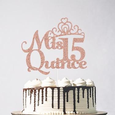 Imagem de Mis Quince 15 Cake Topper, Feliz 15 Anos Birthday Cake Topper, Happy 15th Birthday Party Decorations Rose Gold Glitter