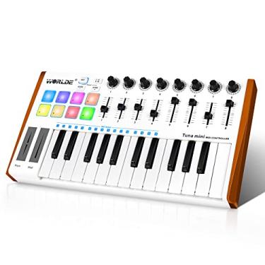 Imagem de Vangoa Controlador De Teclado Midi Com 25 Teclas, Máquina Criação Batidas Portátil Tuna Mini Usb, Pads Bateria Para Iniciantes, 8 Botões, Faders, Interface Pedal, Branco