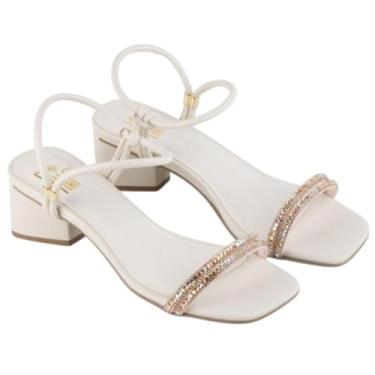 Imagem de Sandália Di Valentini Ava Tiras Strass Salto Bloco - Off White - 35