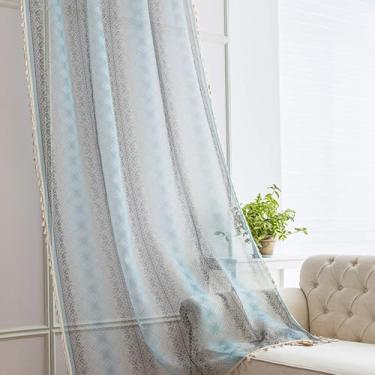Imagem de Erbnaryx Cortinas transparentes geométricas turquesa 213 cm de comprimento, bordas com franjas e cortinas semitransparentes texturizadas, tratamentos de janela grande para sala de estar/quarto, 2