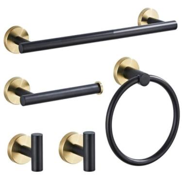 Imagem de Acessórios para banheiro preto/dourado - Toalheiro com suporte para papel de seda | Conjunto de 3 peças para montagem em parede, SET2