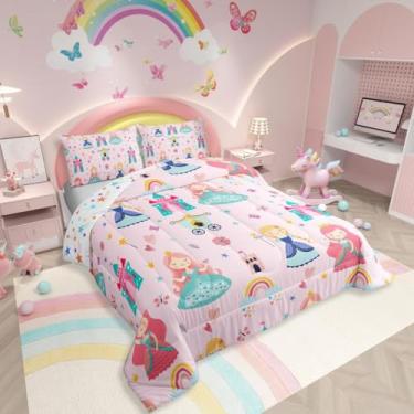 Imagem de Erosebridal Conjunto de edredom infantil de princesa rosa, castelo de contos de fadas, Queen, desenho animado arco-íris, para decoração de quarto de adolescentes, carruagem mágica, conjunto de cama de