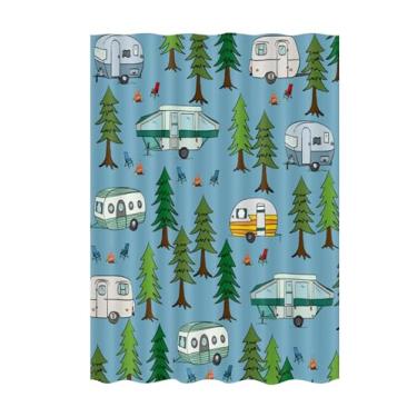 Imagem de JAWO Cortina de chuveiro para trailer, trailer de viagem, banheiro, cortina de chuveiro de acampamento, tenda de acampamento com árvores, conjunto de cortinas de chuveiro de tecido, acampamento feliz