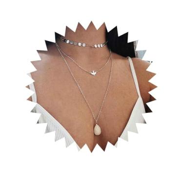 Imagem de Allereyae Colar vintage em camadas de gota de pedra preciosa moeda lantejoulas colares gargantilha ouro pomba da paz colar pedra da lua pingente, colares imitação de pedra da lua para mulheres