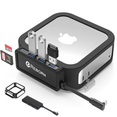 Imagem de Reborn Base e capa preta para Mac mini M4 | Hub USB-C de 5 portas com leitor de cartão 5G 3* USB-A 3.0, SD TF 3.0 | Transferência de dados de alta velocidade e conectividade de vários dispositivos