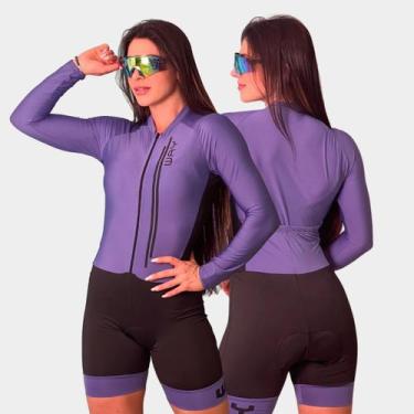 Imagem de Macaquinho de Ciclismo Feminino Forro Gel Manga Longa Proteção Uv Resp